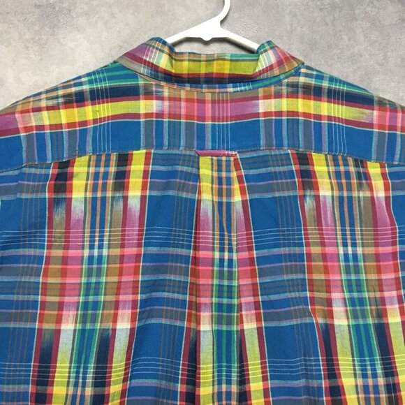 Lands End Men Button Up Front Shirt size XXL Short Sleeve Pocket Blue Pink Plaid - Picture 8 of 14